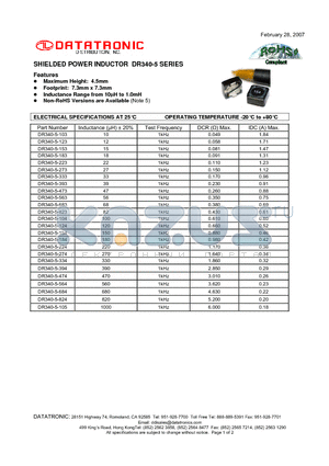 DR340-5-184 datasheet - SHIELDED POWER INDUCTOR