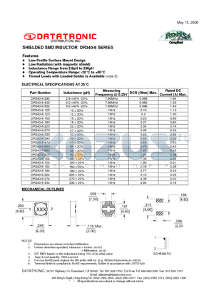 DR340-6-104 datasheet - SHIELDED SMD INDUCTOR