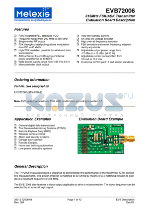 EVB72006 datasheet - 315MHz FSK/ASK Transmitter Evaluation Board Description