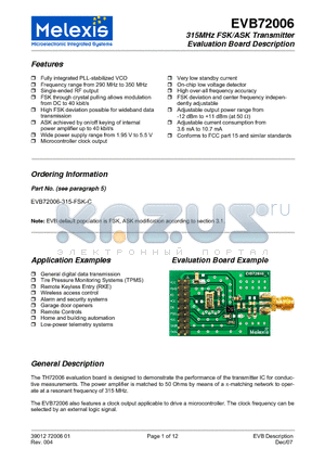 EVB72006-433-FSK-A datasheet - 315MHz FSK/ASK Transmitter Evaluation Board Description