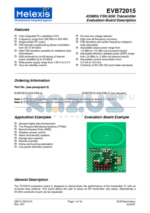 EVB72015 datasheet - 433MHz FSK/ASK Transmitter Evaluation Board Description