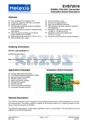 EVB72016-433-ASK-C datasheet - 433MHz FSK/ASK Transmitter Evaluation Board Description