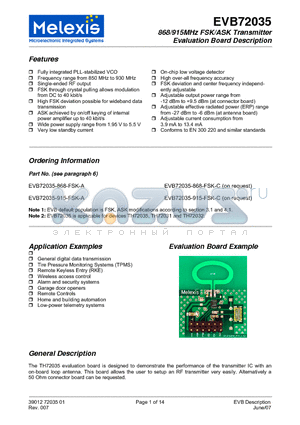 EVB72035-433-FM-A datasheet - 868/915MHz FSK/ASK Transmitter Evaluation Board Description