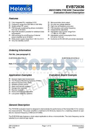 EVB72036 datasheet - 868/915MHz FSK/ASK Transmitter Evaluation Board Description