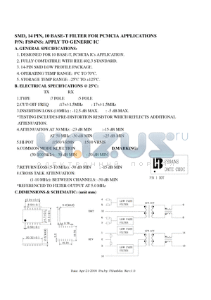 FS94NS datasheet - SMD, 14 PIN, 10 BASE-T FILTER FOR PCMCIA APPLICATIONS