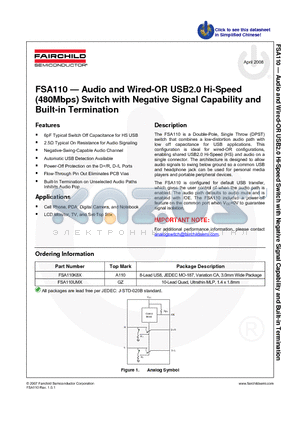 FSA110 datasheet - Audio and Wired-OR USB2.0 Hi-Speed(480Mbps) Switch with Negative Signal Capability and Built-in Termination