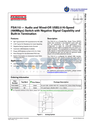 FSA110 datasheet - Audio and Wired-OR USB2.0 Hi-Speed(480Mbps) Switch with Negative Signal Capability and Built-in Termination