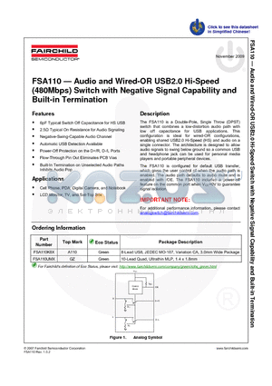 FSA110K8X datasheet - Audio and Wired-OR USB2.0 Hi-Speed(480Mbps) Switch with Negative Signal Capability and Built-in Termination