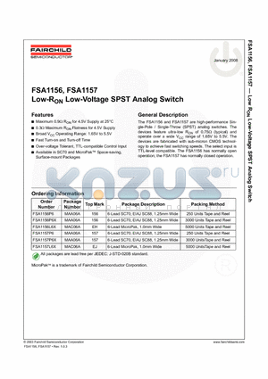 FSA1156 datasheet - Low-RON Low-Voltage SPST Analog Switch