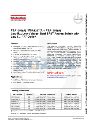 FSA1256AL8X datasheet - Low-RON Low-Voltage, Dual SPST Analog Switch with Low-ICCT A Option