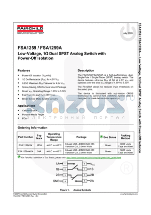 FSA1259AK8X datasheet - Low-Voltage, 1Y Dual SPST Analog Switch with Power-Off Isolation