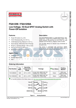 FSA1259_09 datasheet - Low-Voltage, 1Y Dual SPST Analog Switch with Power-Off Isolation