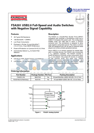 FSA201 datasheet - USB2.0 Full-Speed and Audio Switches with Negative Signal Capability