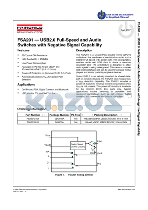FSA201 datasheet - USB2.0 Full-Speed and Audio Switches with Negative Signal Capability