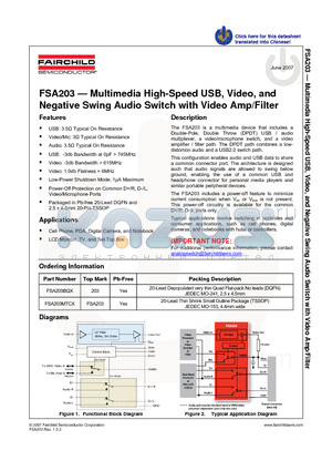 FSA203MTCX datasheet - Multimedia High-Speed USB, Video, and Negative Swing Audio Switch with Video Amp/Filter
