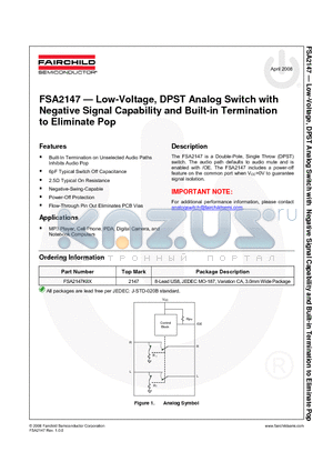 FSA2147 datasheet - Low-Voltage, DPST Analog Switch with Negative Signal Capability and Built-in Terminationto Eliminate Pop