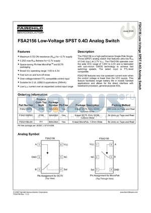 FSA2156P6 datasheet - Low-Voltage SPST 0.4OHM Analog Switch