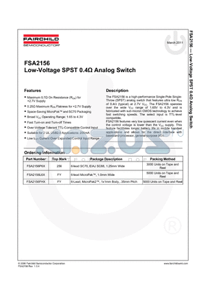 FSA2156L6X datasheet - Low-Voltage SPST 0.4Y Analog Switch