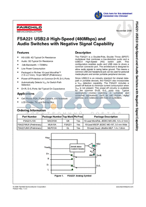 FSA221MUX datasheet - USB2.0 High-Speed (480Mbps) and Audio Switches with Negative Signal Capability