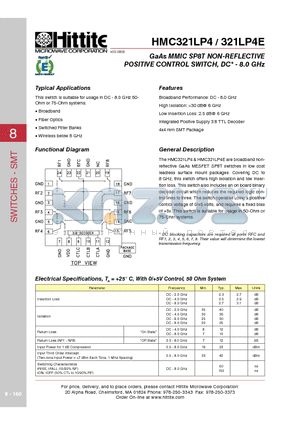 321LP4E datasheet - GaAs MMIC SP8T NON-REFLECTIVE POSITIVE CONTROL SWITCH, DC* - 8.0 GHz