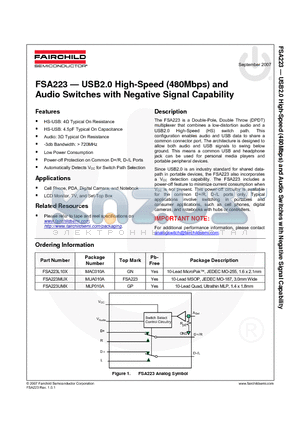 FSA223 datasheet - USB2.0 High-Speed (480Mbps) and Audio Switches with Negative Signal Capability