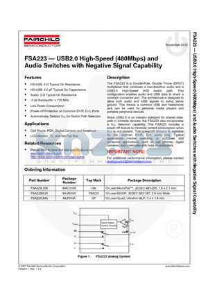 FSA223UMX datasheet - USB2.0 High-Speed (480Mbps) and Audio Switches with Negative Signal Capability