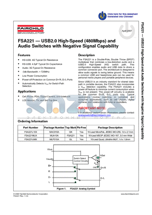 FSA221_07 datasheet - USB2.0 High-Speed (480Mbps) and Audio Switches with Negative Signal Capability