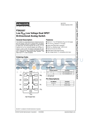 FSA2257 datasheet - Low RON Low Voltage Dual SPDT Bi-Directional Analog Switch