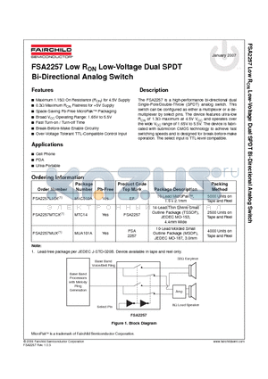 FSA2257 datasheet - Low RON Low-Voltage Dual SPDT Bi-Directional Analog Switch