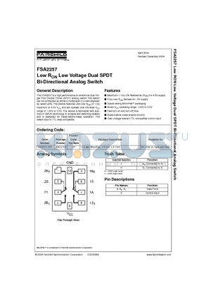 FSA2257L10X datasheet - Low RON Low Voltage Dual SPDT Bi-Directional Analog Switch