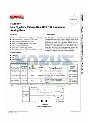 FSA2257L10X datasheet - Low RON Low-Voltage Dual SPDT Bi-Directional Analog Switch