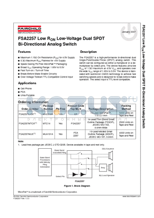 FSA2257MUX datasheet - Low RON Low-Voltage Dual SPDT Bi-Directional Analog Switch