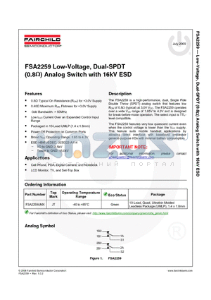 FSA2259UMX datasheet - Low-Voltage, Dual-SPDT (0.8Y) Analog Switch with 16kV ESD