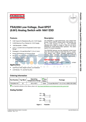 FSA2258L10X datasheet - Low-Voltage, Dual-SPDT (0.8Y) Analog Switch with 16kV ESD