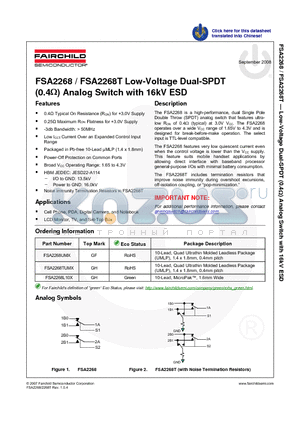 FSA2268L10X datasheet - Low-Voltage Dual-SPDT (0.4Y) Analog Switch with 16kV ESD