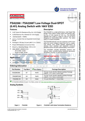 FSA2268T datasheet - Low-Voltage Dual-SPDT (0.4Y) Analog Switch with 16kV ESD