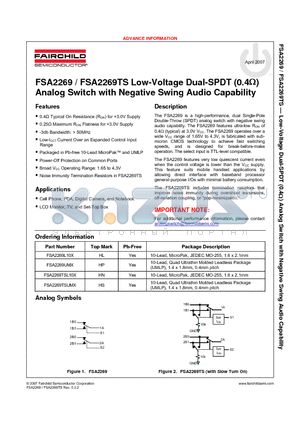 FSA2269 datasheet - Low-Voltage Dual-SPDT (0.4ohm) Analog Switch with Negative Swing Audio Capability