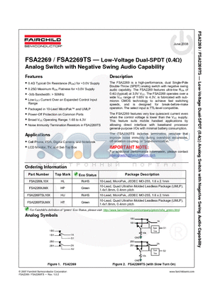 FSA2269UMX datasheet - Low-Voltage Dual-SPDT (0.4Y) Analog Switch with Negative Swing Audio Capability