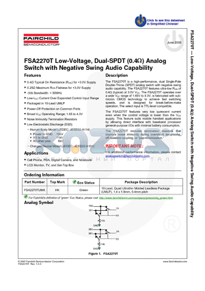 FSA2270T datasheet - Low-Voltage, Dual-SPDT (0.4Y) Analog Switch with Negative Swing Audio Capability