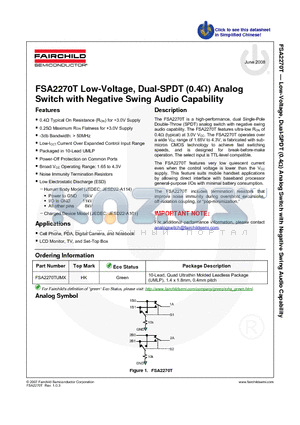 FSA2270T_08 datasheet - Low-Voltage, Dual-SPDT (0.4Y) Analog Switch with Negative Swing Audio Capability