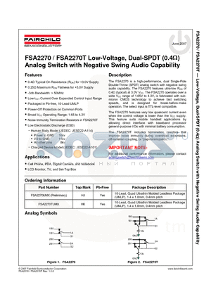 FSA2270UMX datasheet - Low-Voltage, Dual-SPDT (0.4Y) Analog Switch with Negative Swing Audio Capability