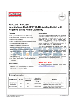 FSA2271TUMX datasheet - Low-Voltage, Dual-SPDT (0.4Y) Analog Switch with Negative Swing Audio Capability