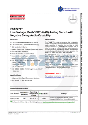 FSA2271TUMX datasheet - Low-Voltage, Dual-SPDT (0.4Y) Analog Switch with Negative Swing Audio Capability