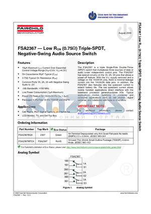 FSA2367MTCX datasheet - Low RON (0.75Y) Triple-SPDT, Negative-Swing Audio Source Switch