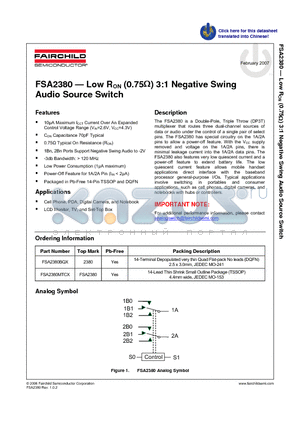 FSA2380BQX datasheet - Low RON (0.75ohm) 3:1 Negative Swing Audio Source Switch