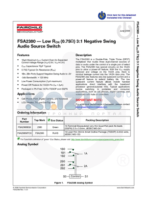 FSA2380MTCX datasheet - Low RON (0.75Y) 3:1 Negative Swing Audio Source Switch