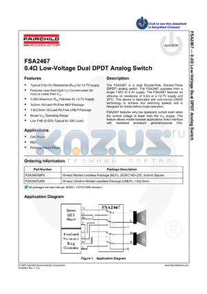 FSA2467 datasheet - 0.4Y Low-Voltage Dual DPDT Analog Switch