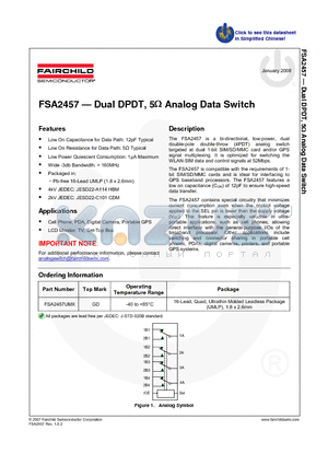 FSA2457UMX datasheet - Dual DPDT, 5Y Analog Data Switch