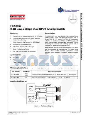 FSA2467_12 datasheet - 0.4Y Low-Voltage Dual DPDT Analog Switch