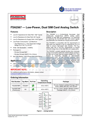 FSA2567 datasheet - Low-Power, Dual SIM Card Analog Switch